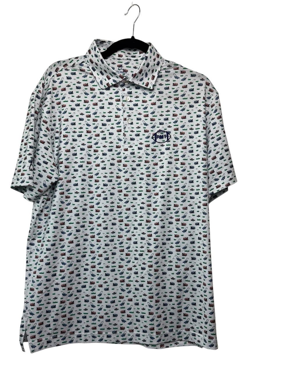 Rhoback x PMT (Pardon My Take) men’s AOP mow the lawn white golf polo shirt